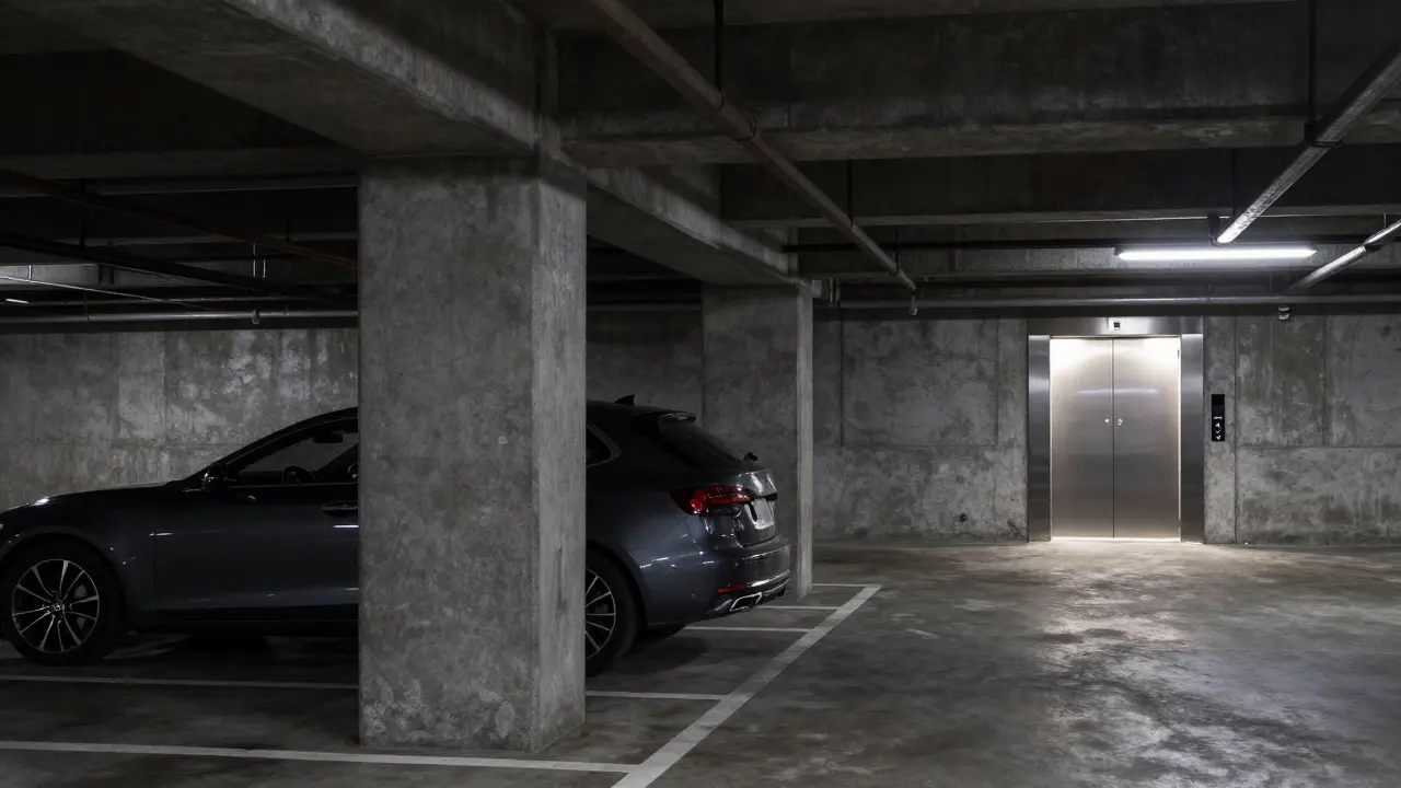 Машиноместо в подземном паркинге рядом с лифтом в стиле гэкига