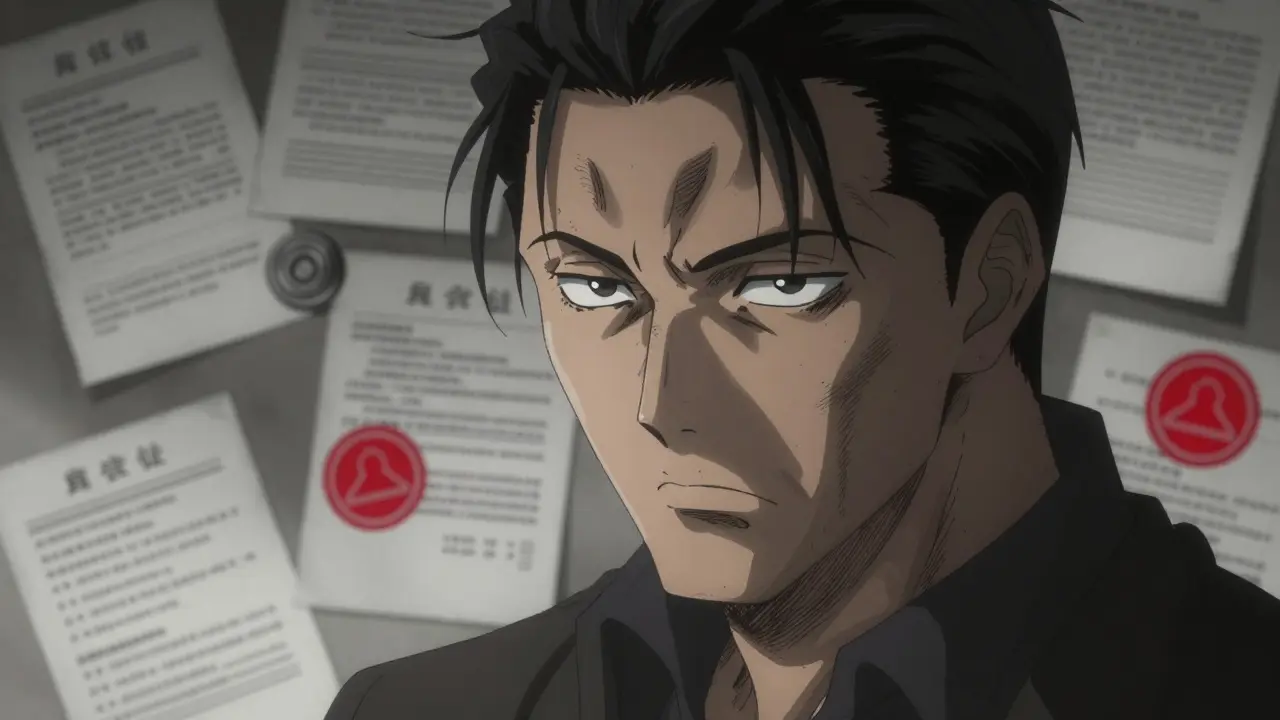 Напряженное лицо продавца на фоне судебных документов и красных печатей