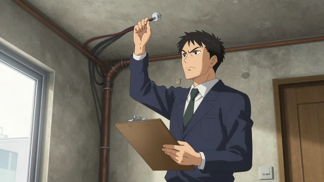 Профессиональный оценщик внимательно осматривает коммуникации в квартире в стиле гекига