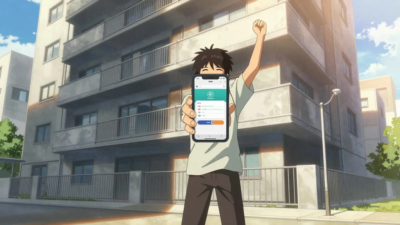 Радость от получения денежного возврата на фоне жилого дома