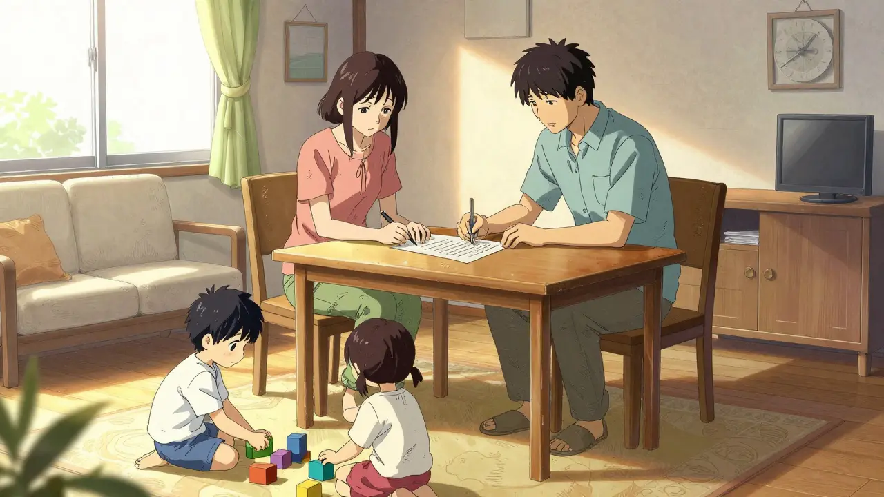 Родители подписывают договор о выделении долей детям в светлой комнате в стиле гекига