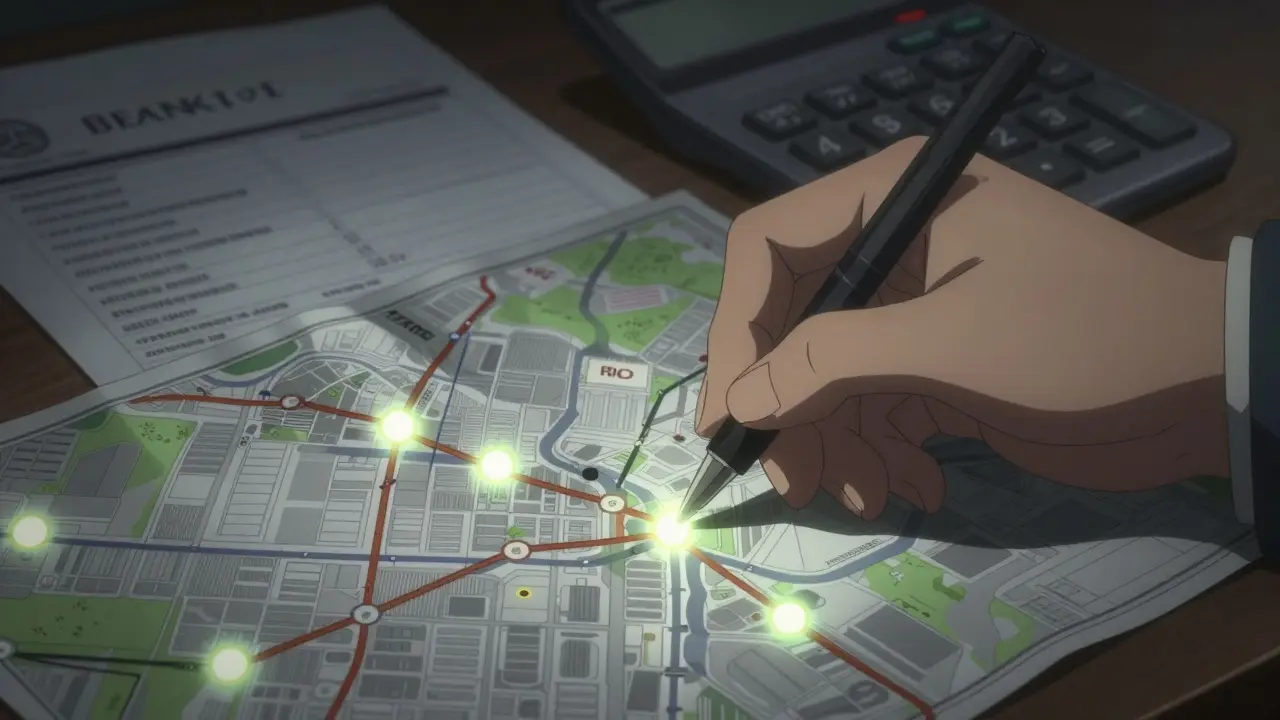 Рука инвестора отмечает перспективные районы на карте города в стиле гекига