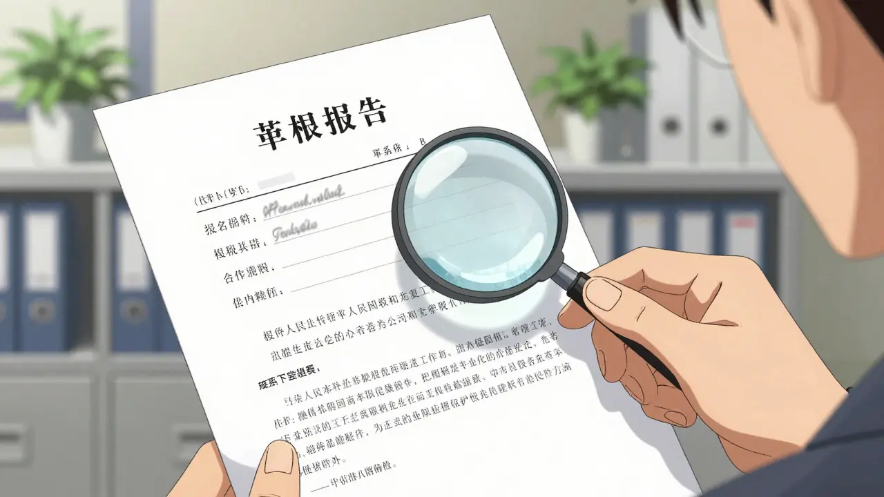 Рука с лупой изучает документы по кадастровой стоимости недвижимости