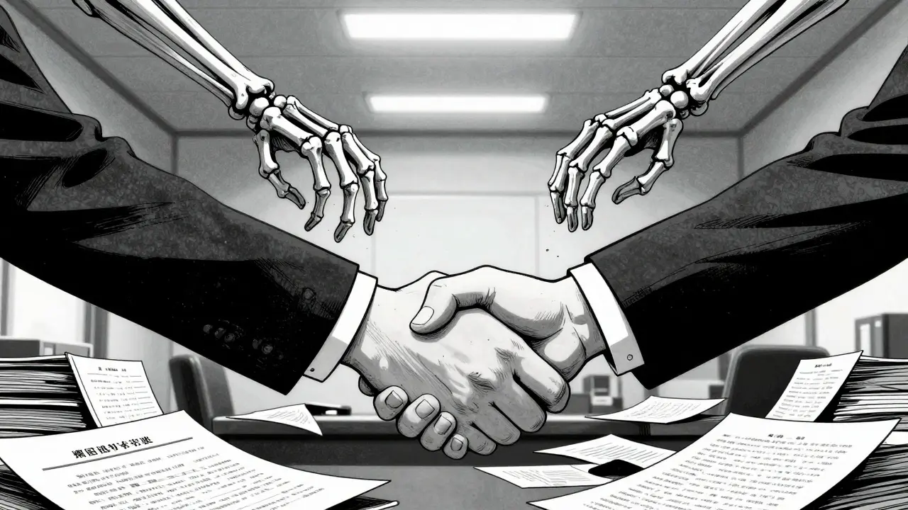 Рукопожатие, которое разрывают призрачные руки из стопки документов о банкротстве