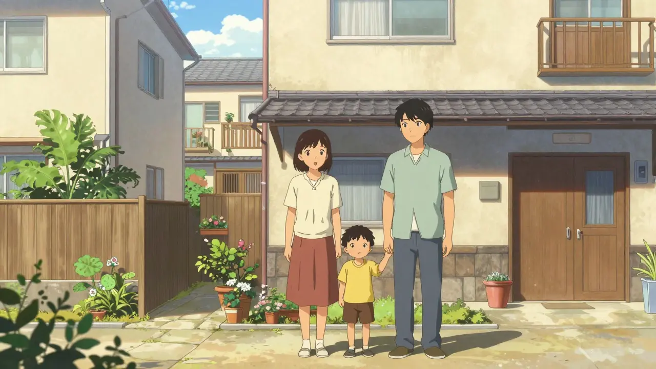Счастливая семья у жилого дома в стиле реалистичного аниме