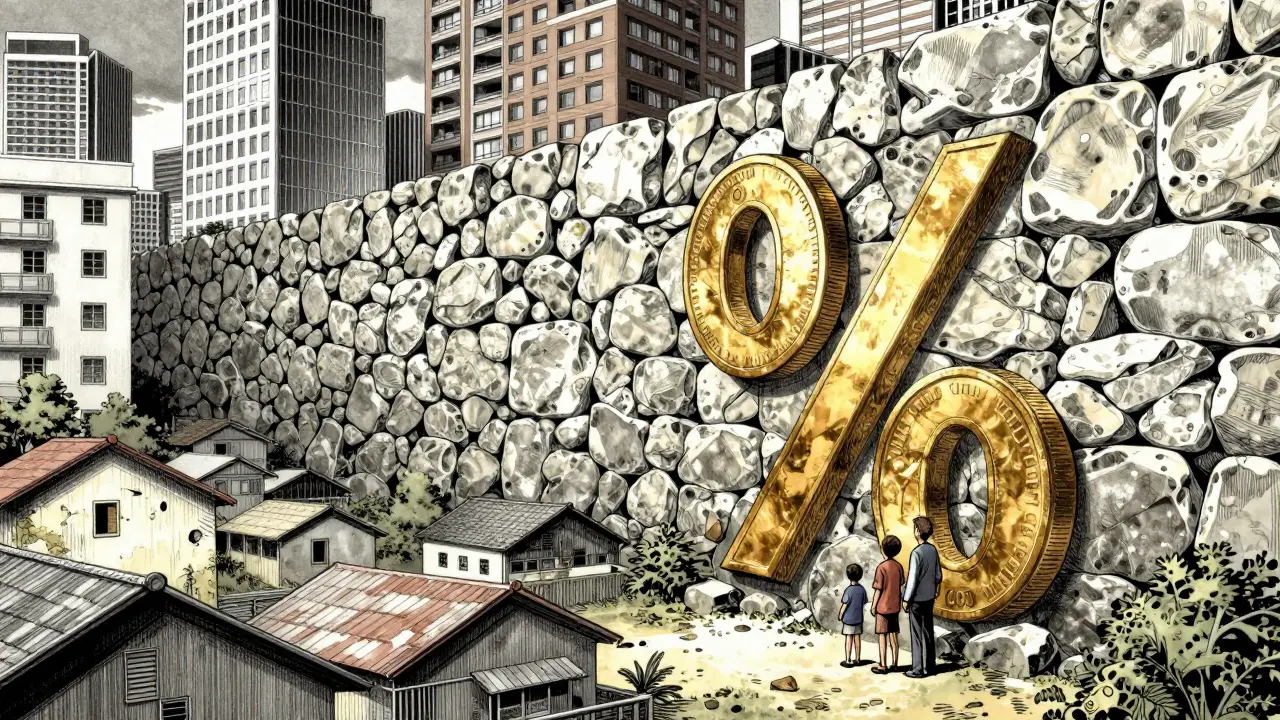 Семья у стены, разделяющей разные типы застройки, в стиле гекига