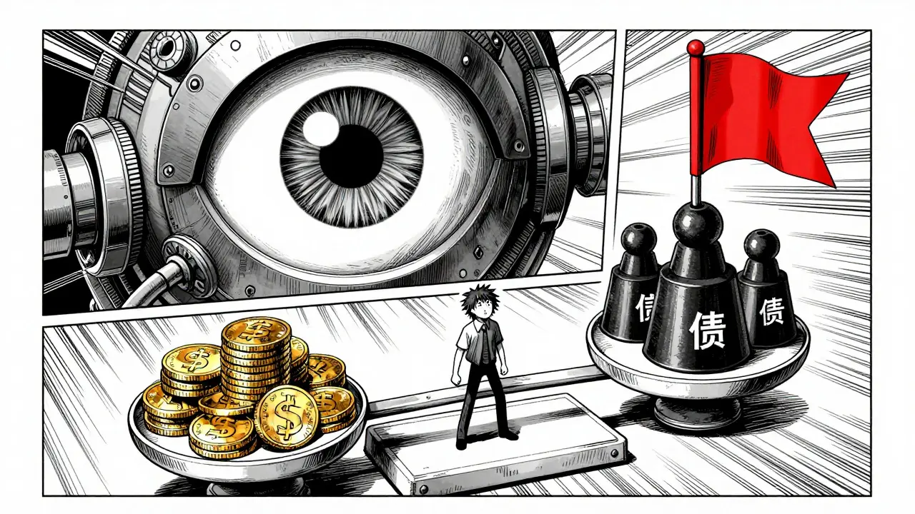 Схематичное изображение системы оценки кредитного рейтинга и долгов в стиле манги