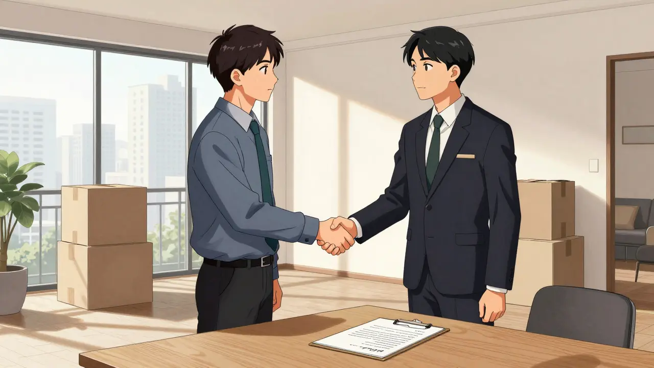 Собственник и арендатор подписывают договор в обставленной квартире в стиле гекига.