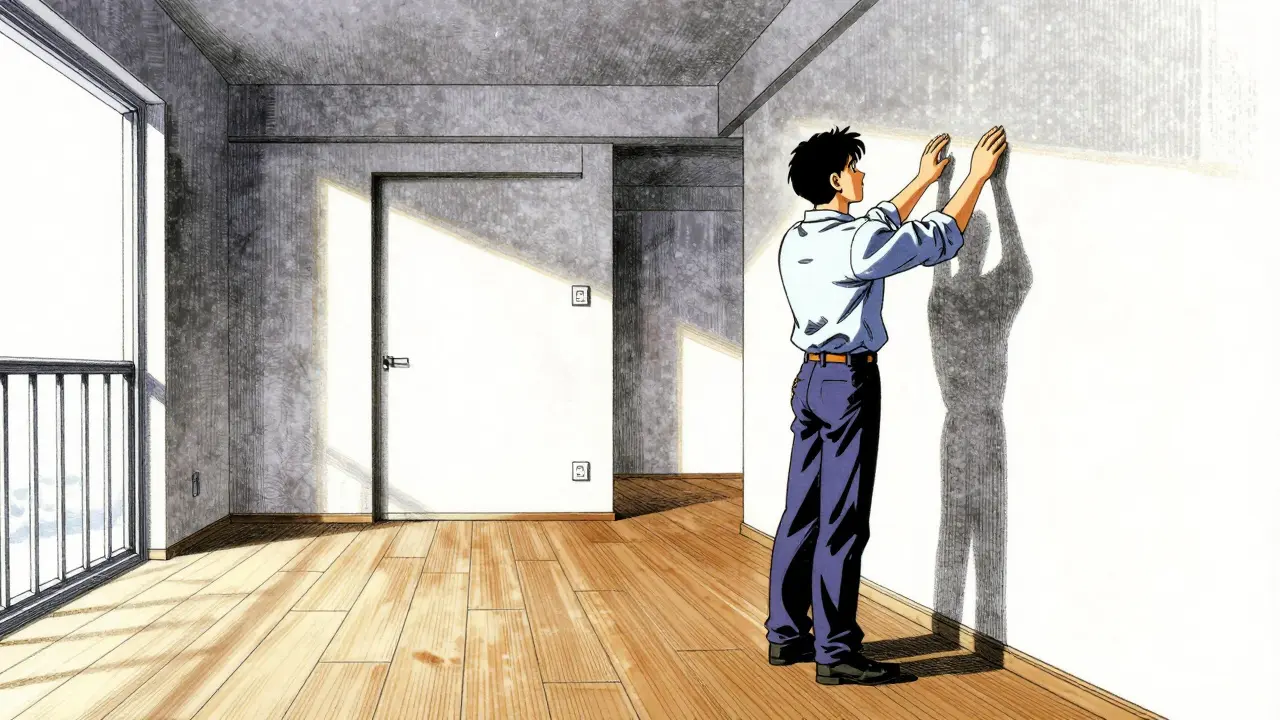 Специалист проводит осмотр интерьера квартиры в стиле аниме гекига