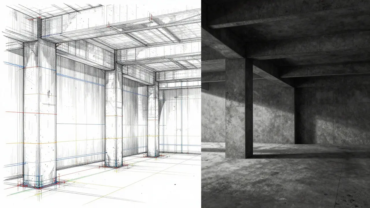 Сравнение чертежа с инженерными сетями и реальной бетонной комнатой