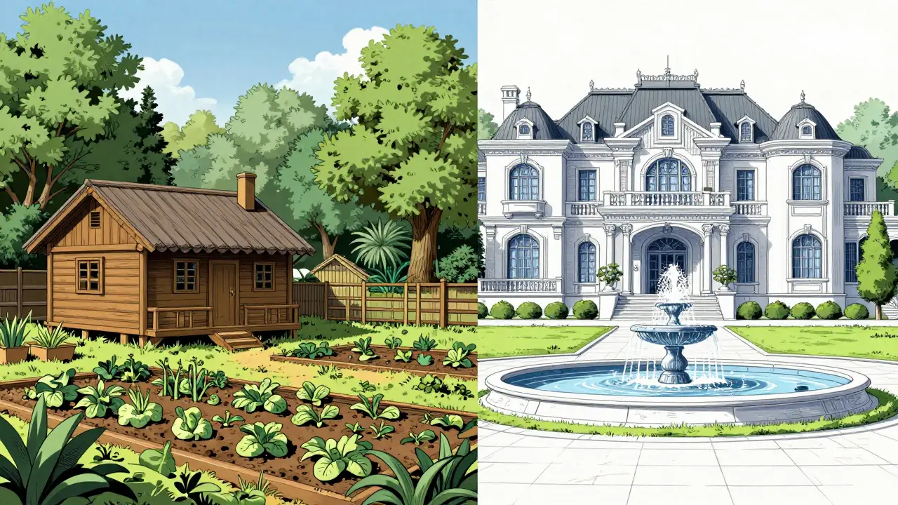 Сравнение скромной дачи и роскошного особняка в стиле гекига