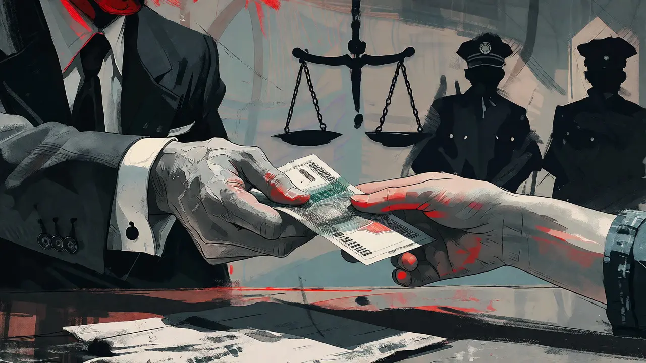Обмен денег между мошенником и клиентом на фоне символов закона и риска